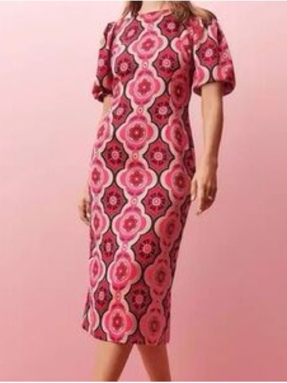 NWT Ann Taylor geo print pink puff sleeve silky midi dress